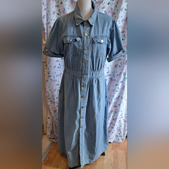 Vintage 80s Light Denim Button Up Preppy Classic Collar Maxi Dress Skirt SZ L - Picture 1 of 6